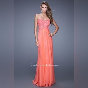 La Femme Hot Coral Chiffon Strapless Embellished Formal Prom Evening Gown